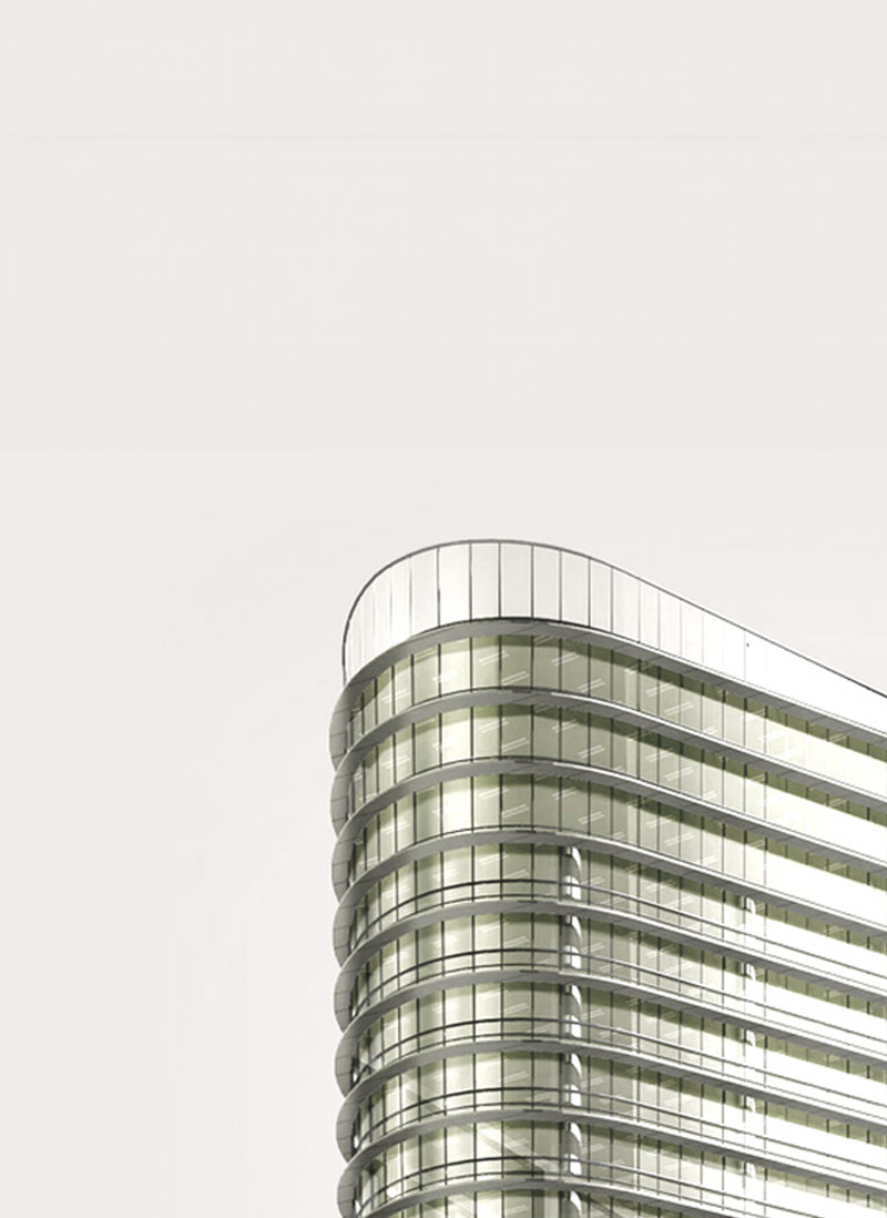 Minimalist architectural design of a modern, curved glass building with layered terraces, set against a plain background. The structure features smooth lines and a sleek, futuristic appearance.