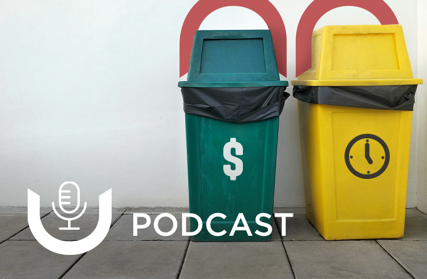 A green trash bin with a dollar sign next to a yellow trash bin with a clock sign