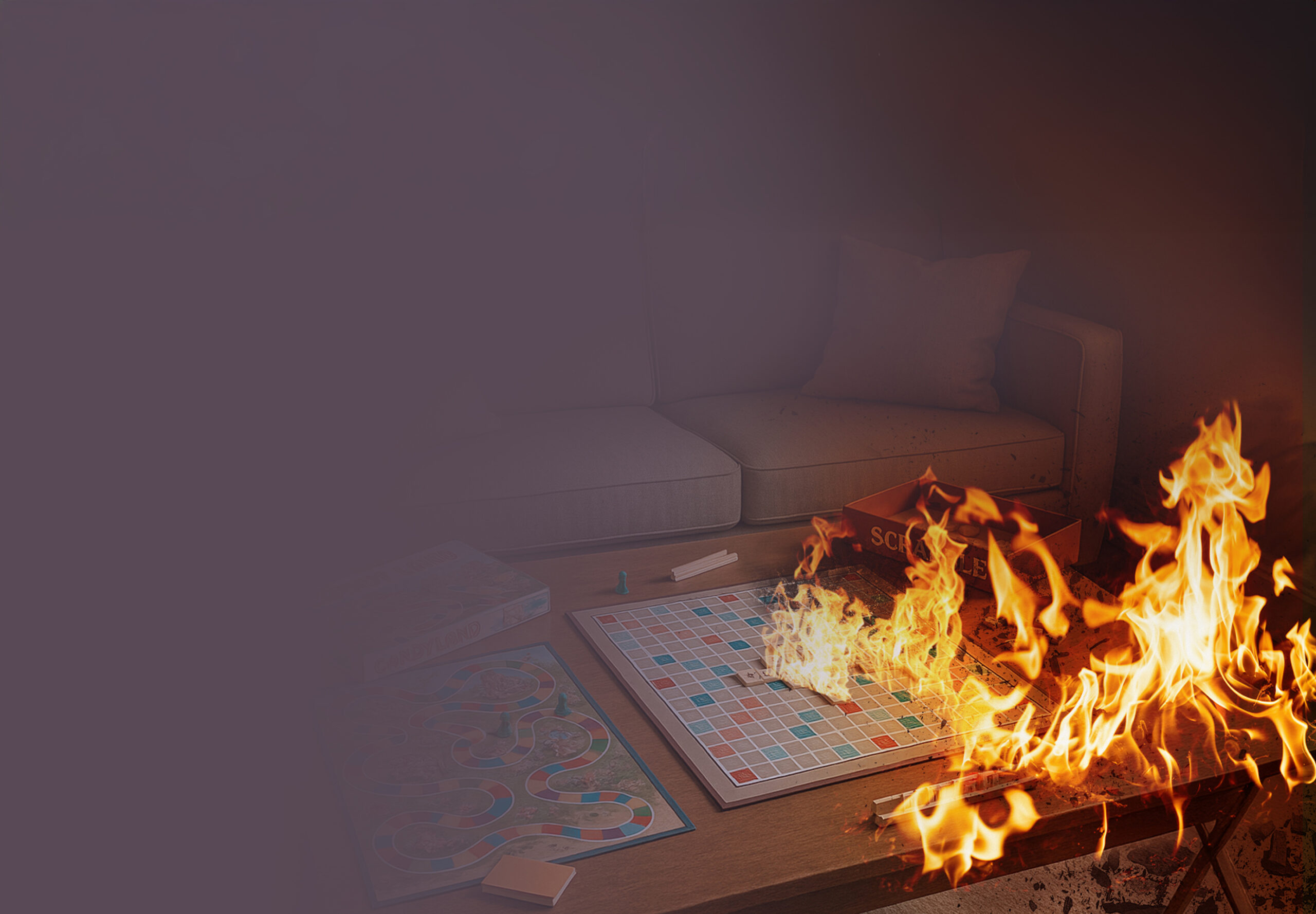 Coffee table with board game, ablaze