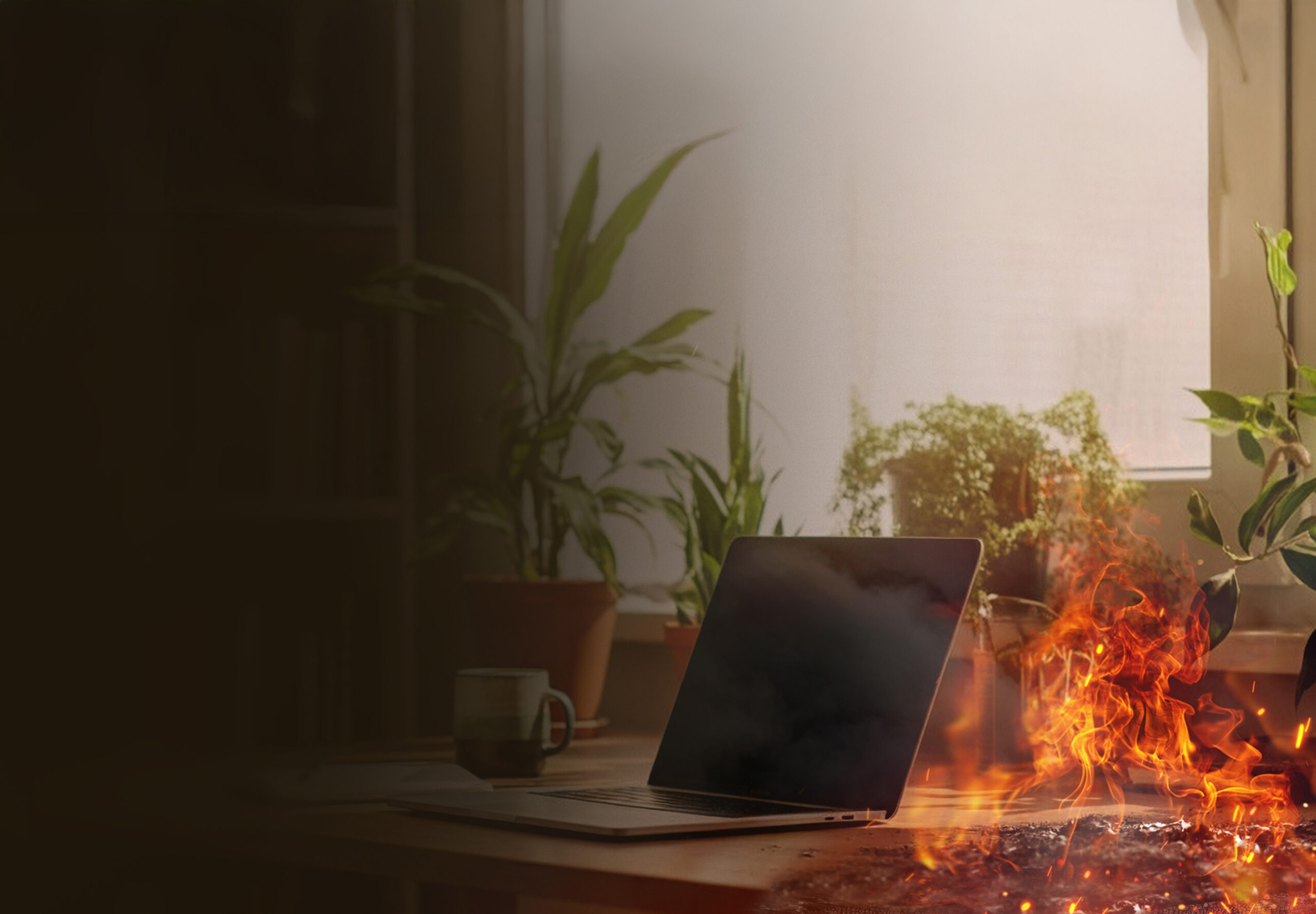 Home office desk with laptop, ablaze